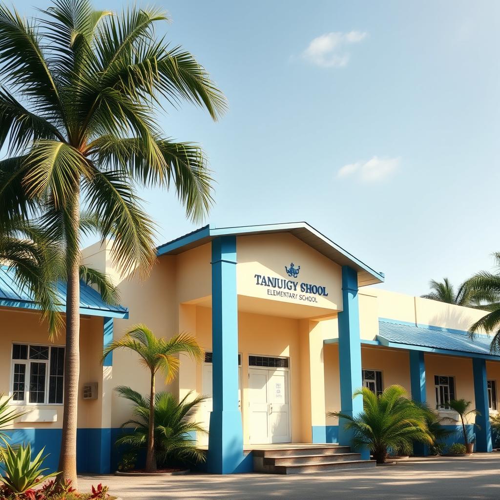 A realistic photo of a typical elementary school in the Philippines, featuring cream beige walls with blue pillars and a blue roof