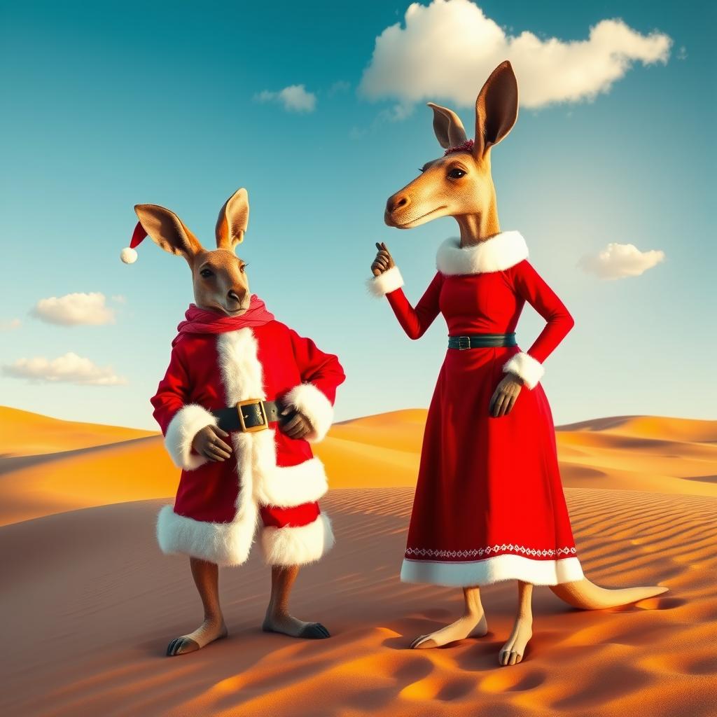 A whimsical scene in the desert featuring Santa Klaus and Mama Claus, with a surreal twist of only one kangaroo head as part of a unique character design