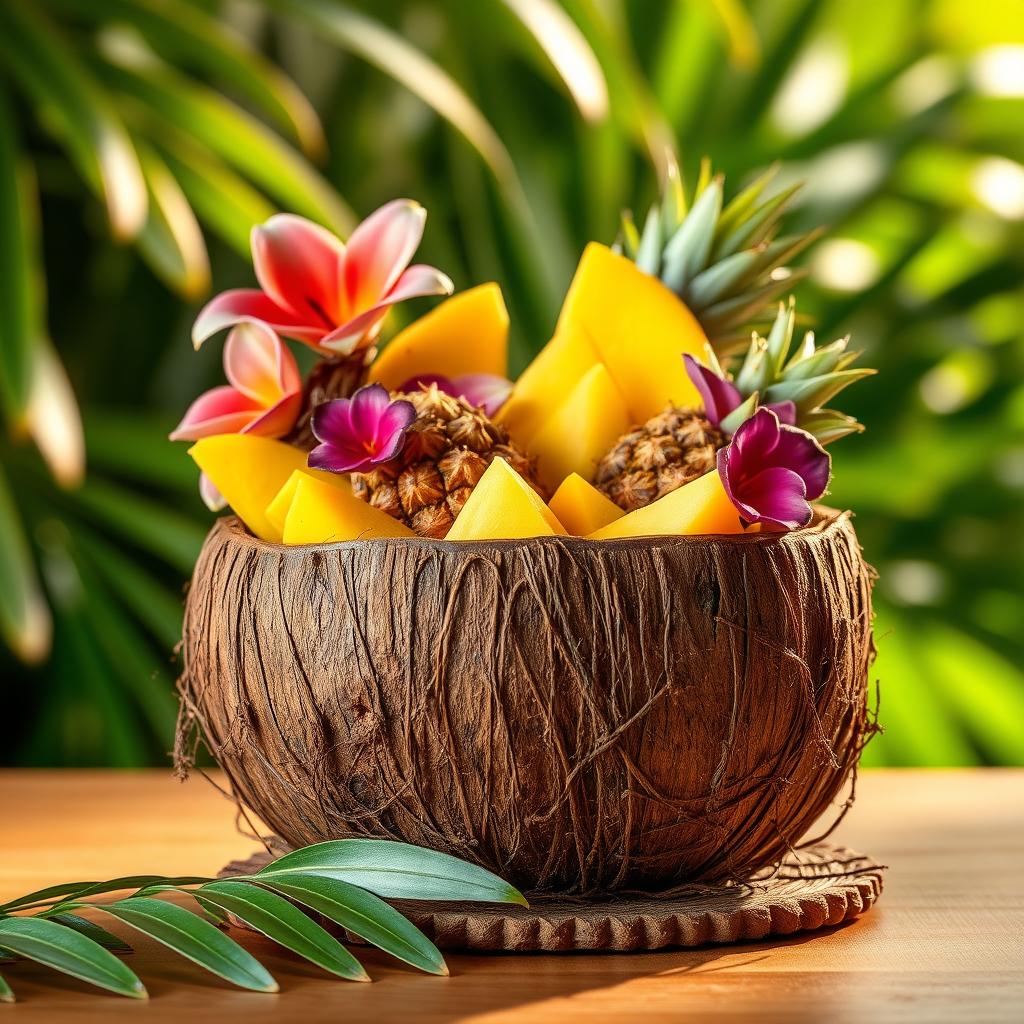 A beautifully arranged still life featuring a coconut husk repurposed as a food container