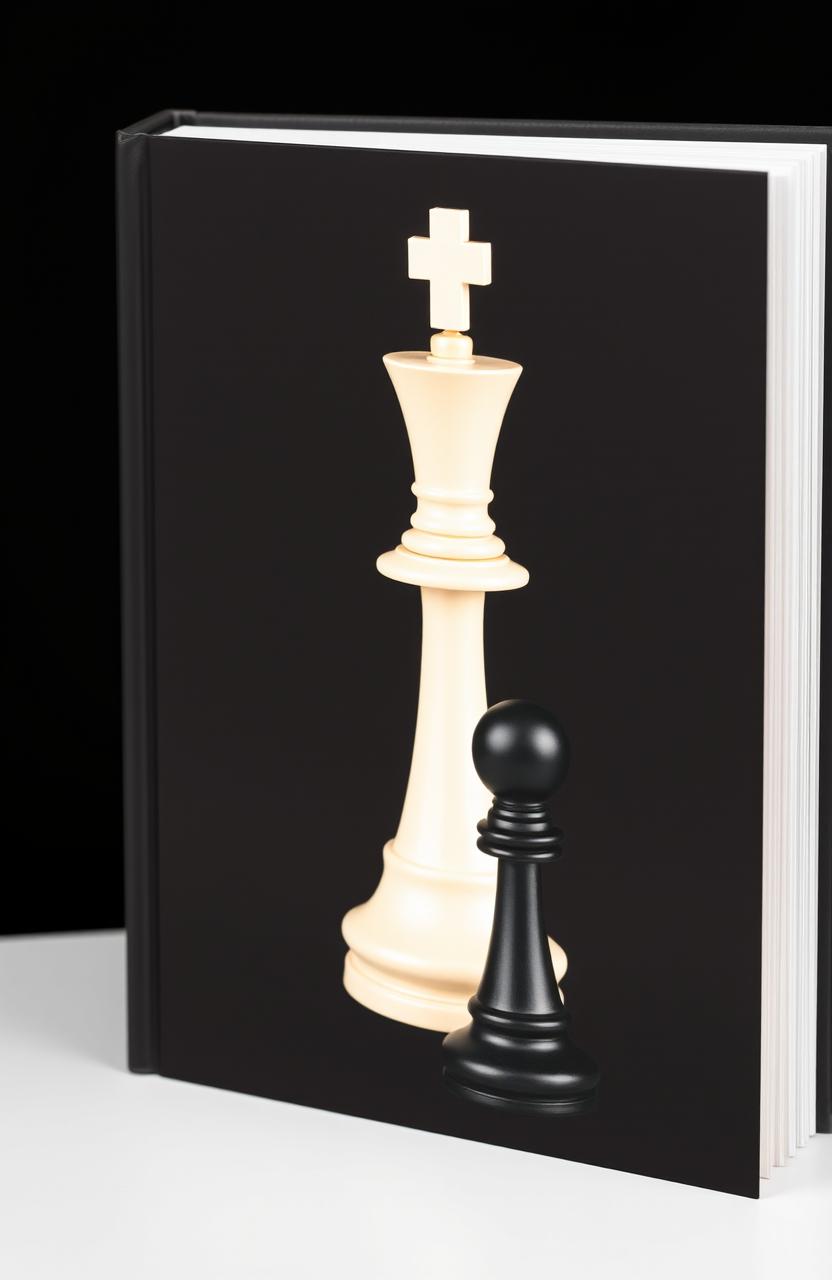 A minimalist book cover featuring a normal black solid background with a prominently displayed white queen chess piece and a black knight chess piece positioned in the lower center of the cover