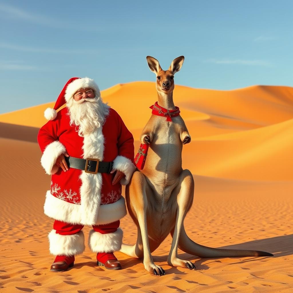 A whimsical scene in a desert setting featuring Santa Claus and Mrs