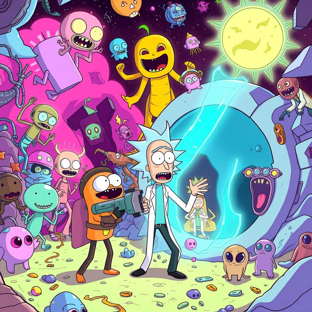A whimsical crossover scene combining elements from Amogus (Among Us) and Rick and Morty