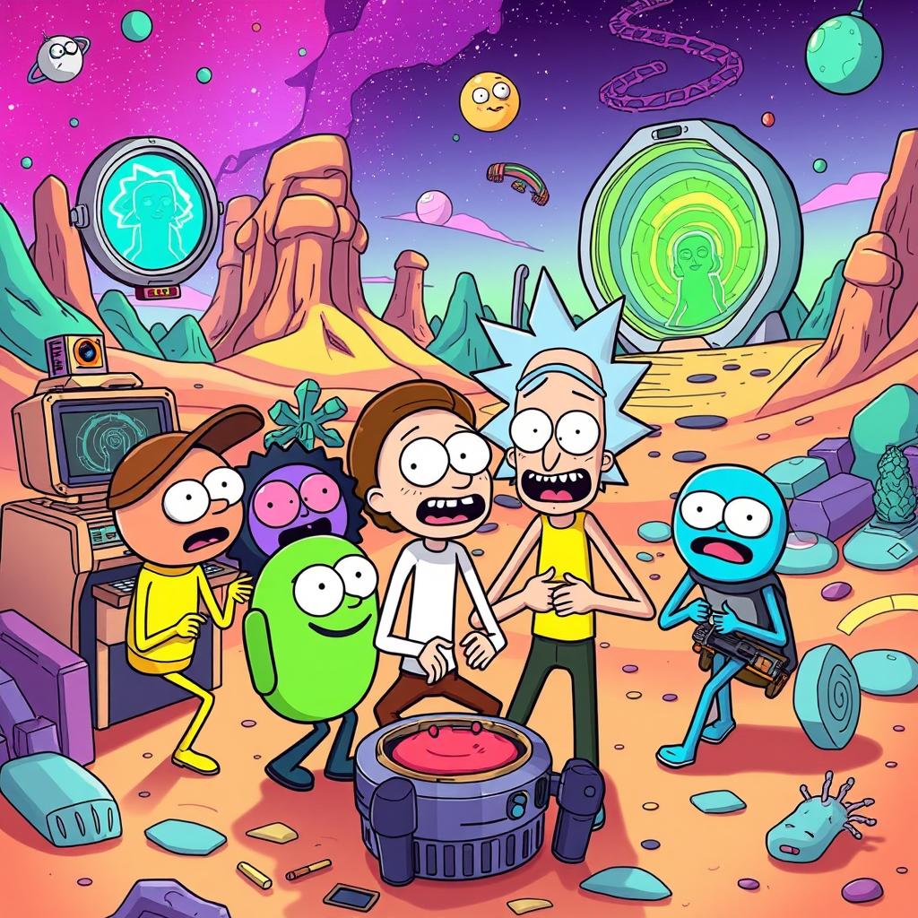 A whimsical crossover illustration featuring characters inspired by 'Among Us' depicted in the unique art style of 'Rick and Morty'