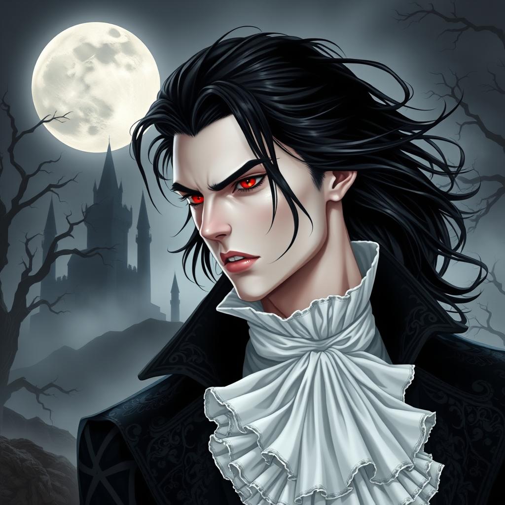 A striking vampire character design for a gothic novel cover, featuring a male vampire with long, flowing black hair and piercing red eyes