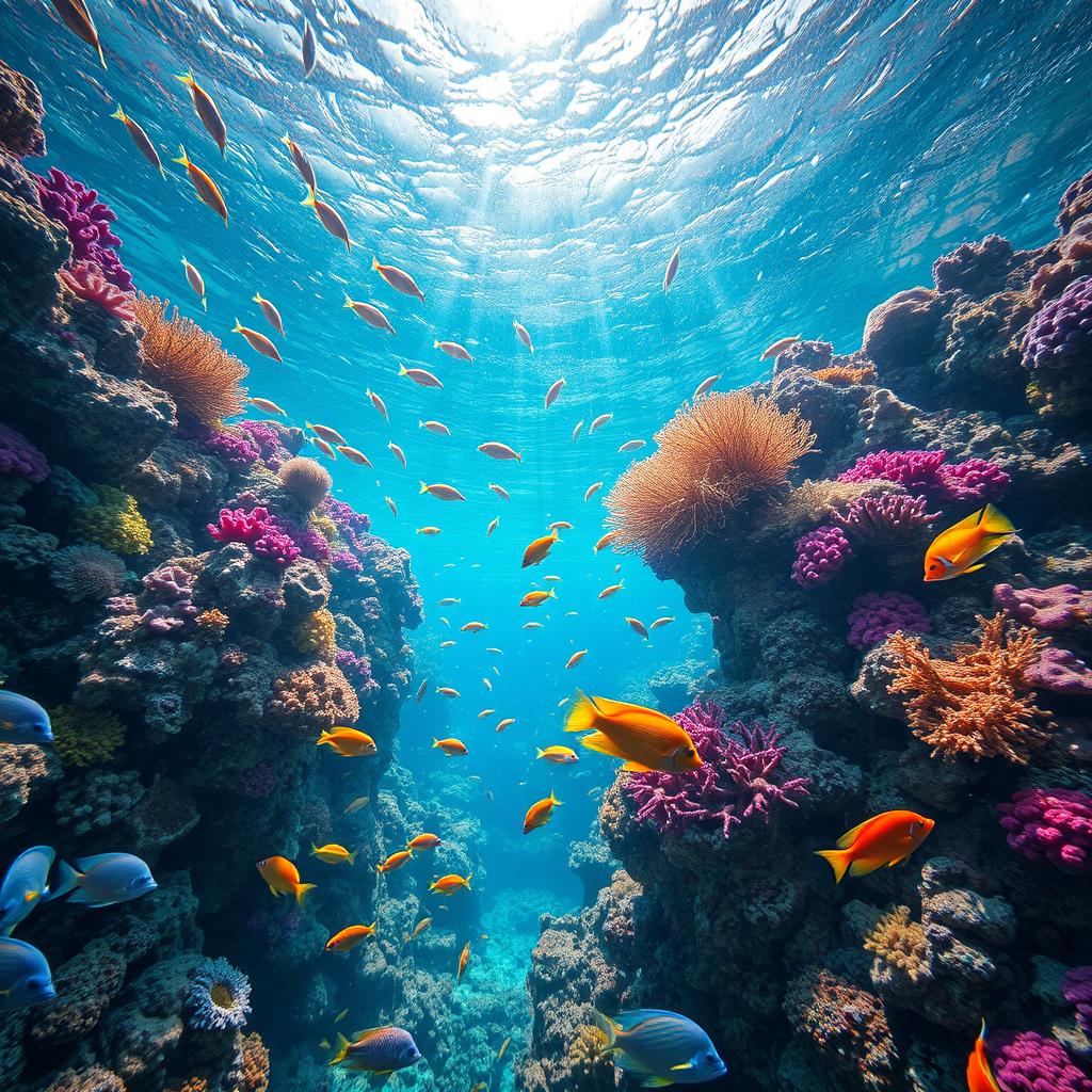 A vibrant underwater scene showcasing a stunning coral reef teeming with colorful marine life