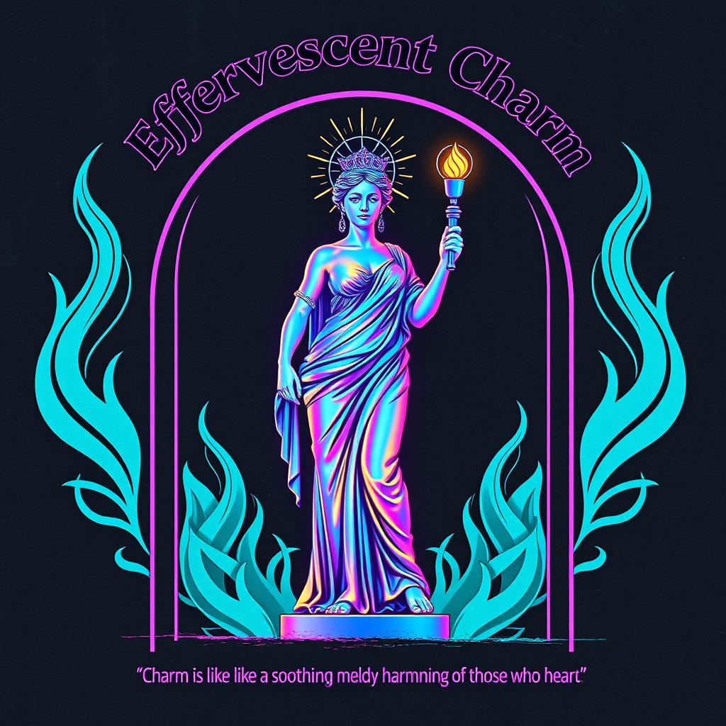 A digital artwork featuring a central figure inspired by classical Greek sculpture, depicted as a female figure holding a torch