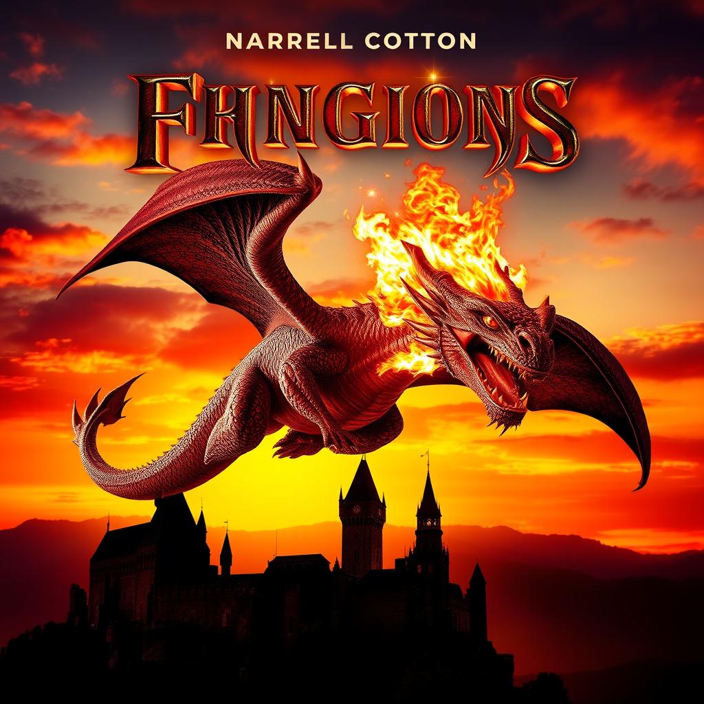 A dramatic movie poster featuring a fire-breathing dragon soaring through the sky, with flames erupting from its mouth against a backdrop of a fiery sunset