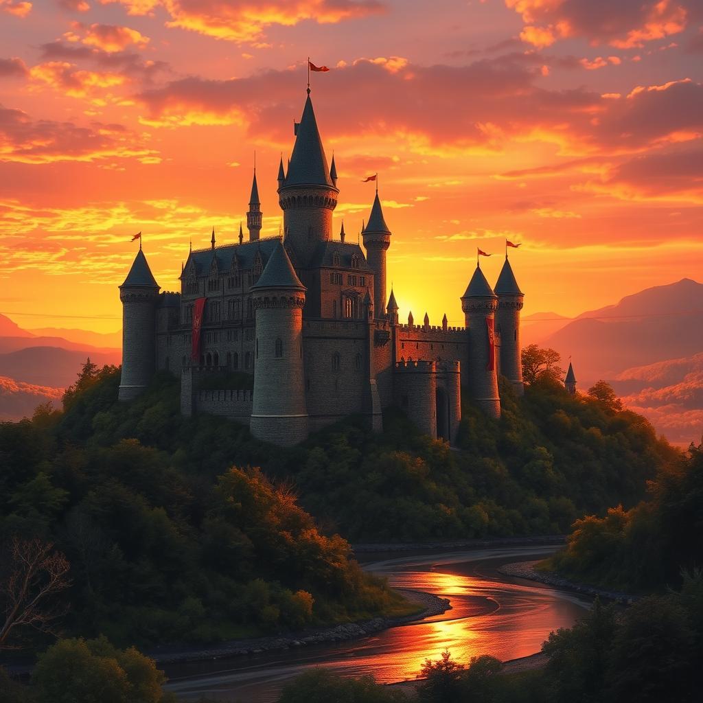 An enchanting medieval castle majestically perched on a hilltop, bathed in the warm, golden hues of sunset