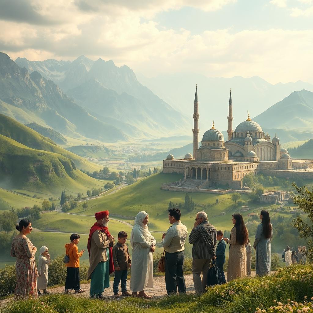 A surreal and dreamy depiction of understanding in Iran, showcasing the beautiful landscapes of Iran, including lush green valleys, striking mountains, and historical architecture