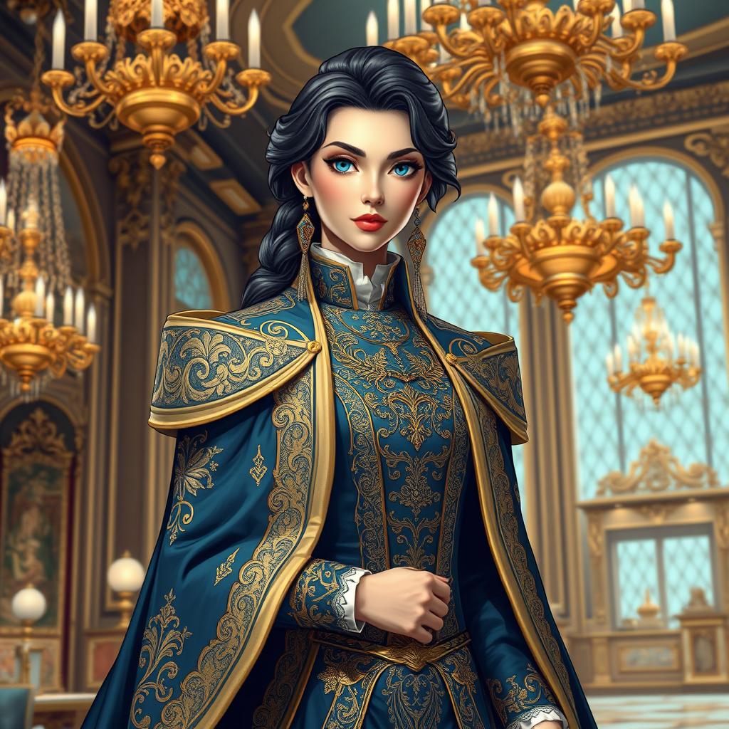 An elegant character in a splendid royal attire, beautifully adorned with intricate details and rich textures