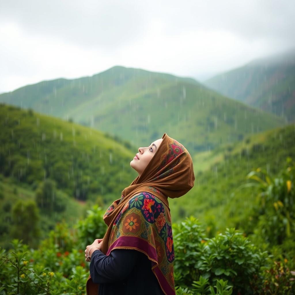 A stunning landscape of northern Iran during a rainy day, showcasing lush green hills and vibrant vegetation