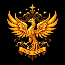 A magical fantasy emblem featuring a golden phoenix with its wings elegantly spread, embellished with gold and crimson accents