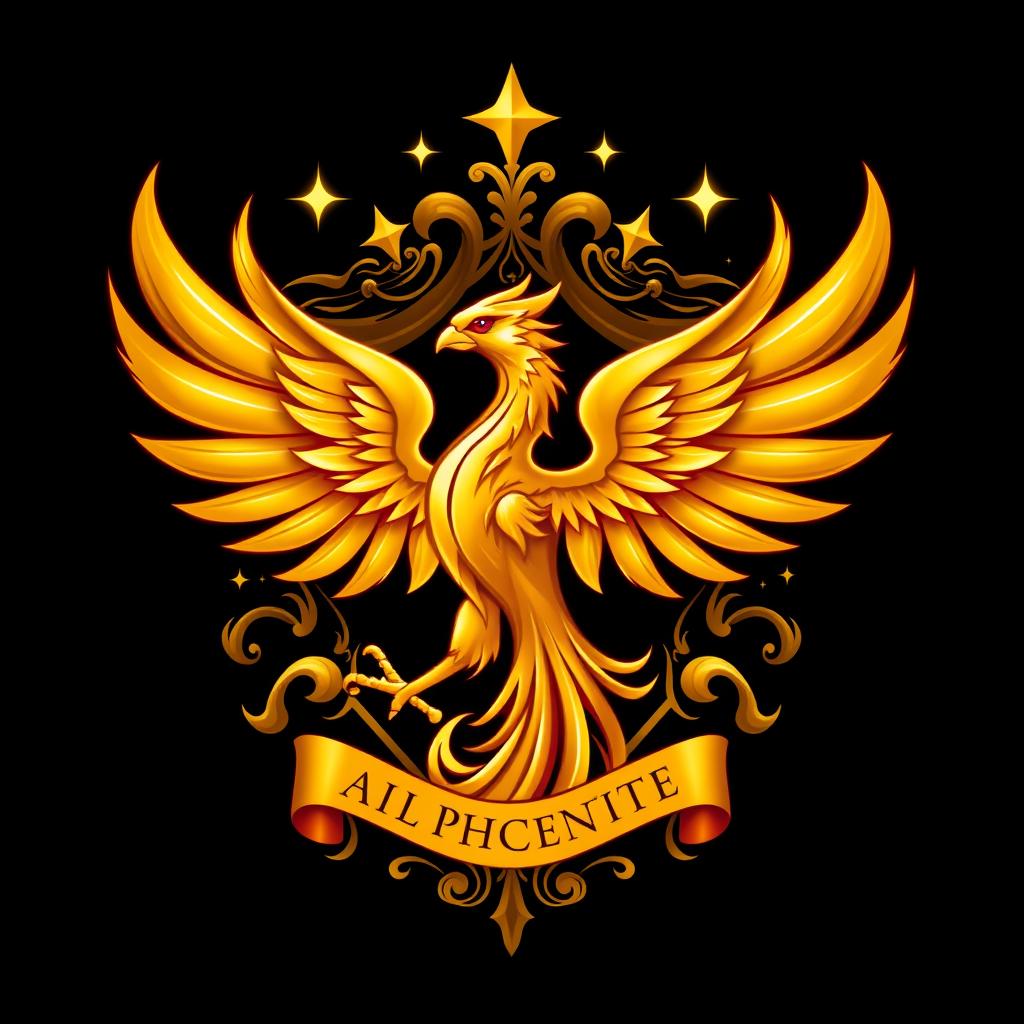 A magical fantasy emblem featuring a golden phoenix with its wings elegantly spread, embellished with gold and crimson accents