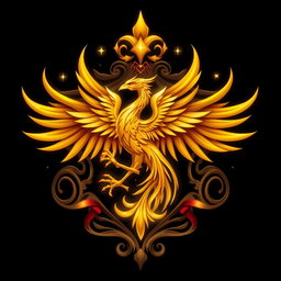 A magical fantasy emblem featuring a golden phoenix with its wings elegantly spread, embellished with gold and crimson accents