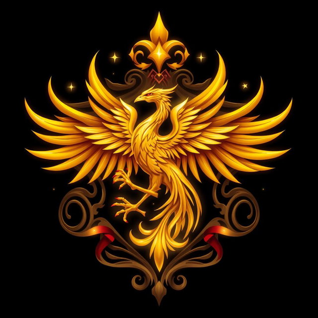 A magical fantasy emblem featuring a golden phoenix with its wings elegantly spread, embellished with gold and crimson accents