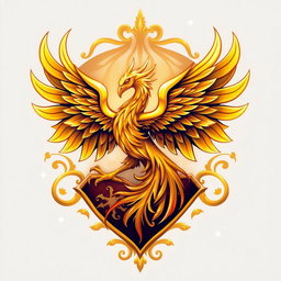 A magical fantasy emblem featuring a golden phoenix with its wings elegantly spread, embellished with gold and crimson accents