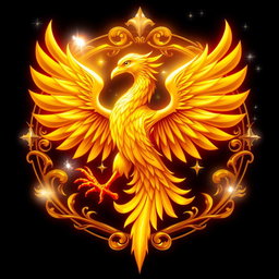 A magical fantasy emblem featuring a golden phoenix with its wings elegantly spread, embellished with gold and crimson accents