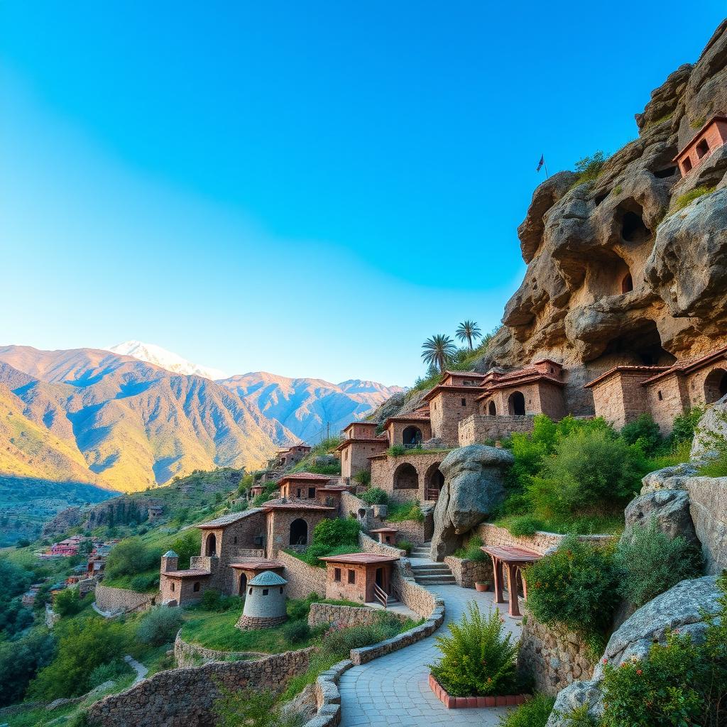 A vivid depiction of Kandavan village in Iran, featuring its iconic troglodyte houses carved into volcanic rock, surrounded by a picturesque landscape of mountains, lush greenery, and a clear blue sky