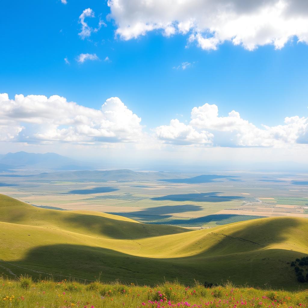 A breathtaking view of the Lar Plain in Iran, showcasing rolling hills and vast grasslands under a bright blue sky with fluffy white clouds
