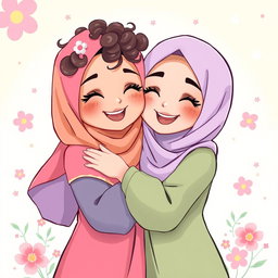 An illustration of two cute Muslim girls embracing each other warmly, both wearing colorful hijabs