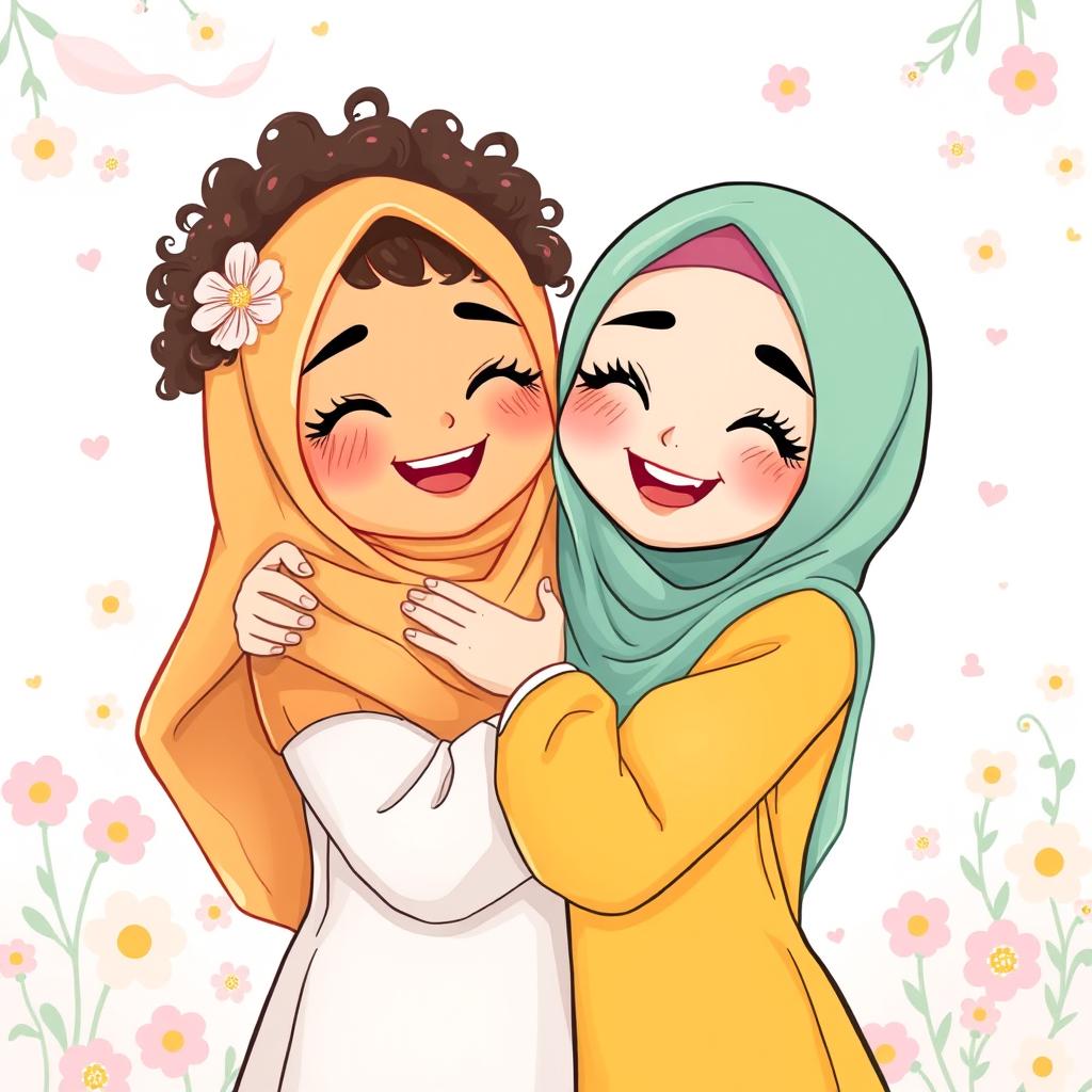 An illustration of two cute Muslim girls embracing each other warmly, both wearing colorful hijabs