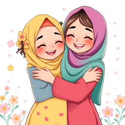 An illustration of two cute Muslim girls embracing each other warmly, both wearing colorful hijabs