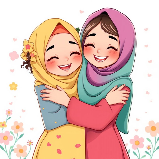An illustration of two cute Muslim girls embracing each other warmly, both wearing colorful hijabs