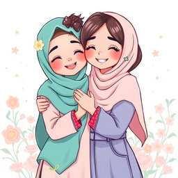 An illustration of two cute Muslim girls embracing each other warmly, both wearing colorful hijabs