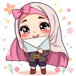 A chibi-style illustration of a Muslim girl holding an envelope, featuring a cute and exaggerated appearance with big sparkling eyes and a cheerful expression