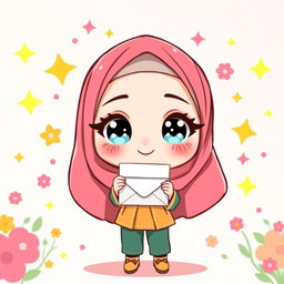 A chibi-style illustration of a Muslim girl holding an envelope, featuring a cute and exaggerated appearance with big sparkling eyes and a cheerful expression