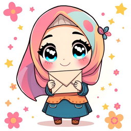 A chibi-style illustration of a Muslim girl holding an envelope, featuring a cute and exaggerated appearance with big sparkling eyes and a cheerful expression