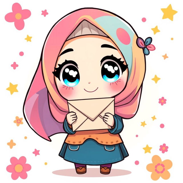 A chibi-style illustration of a Muslim girl holding an envelope, featuring a cute and exaggerated appearance with big sparkling eyes and a cheerful expression