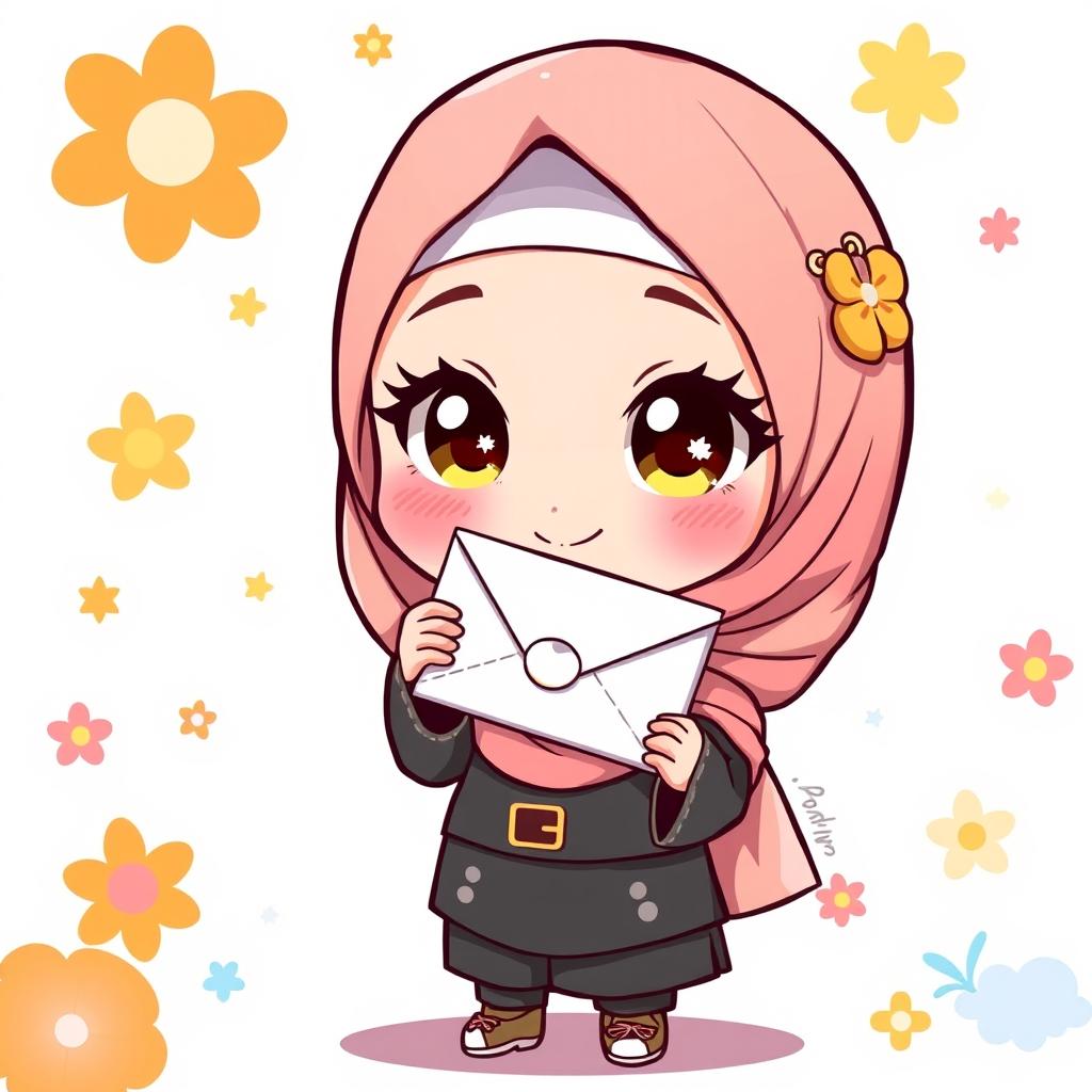A chibi-style illustration of a Muslim girl holding an envelope, featuring a cute and exaggerated appearance with big sparkling eyes and a cheerful expression