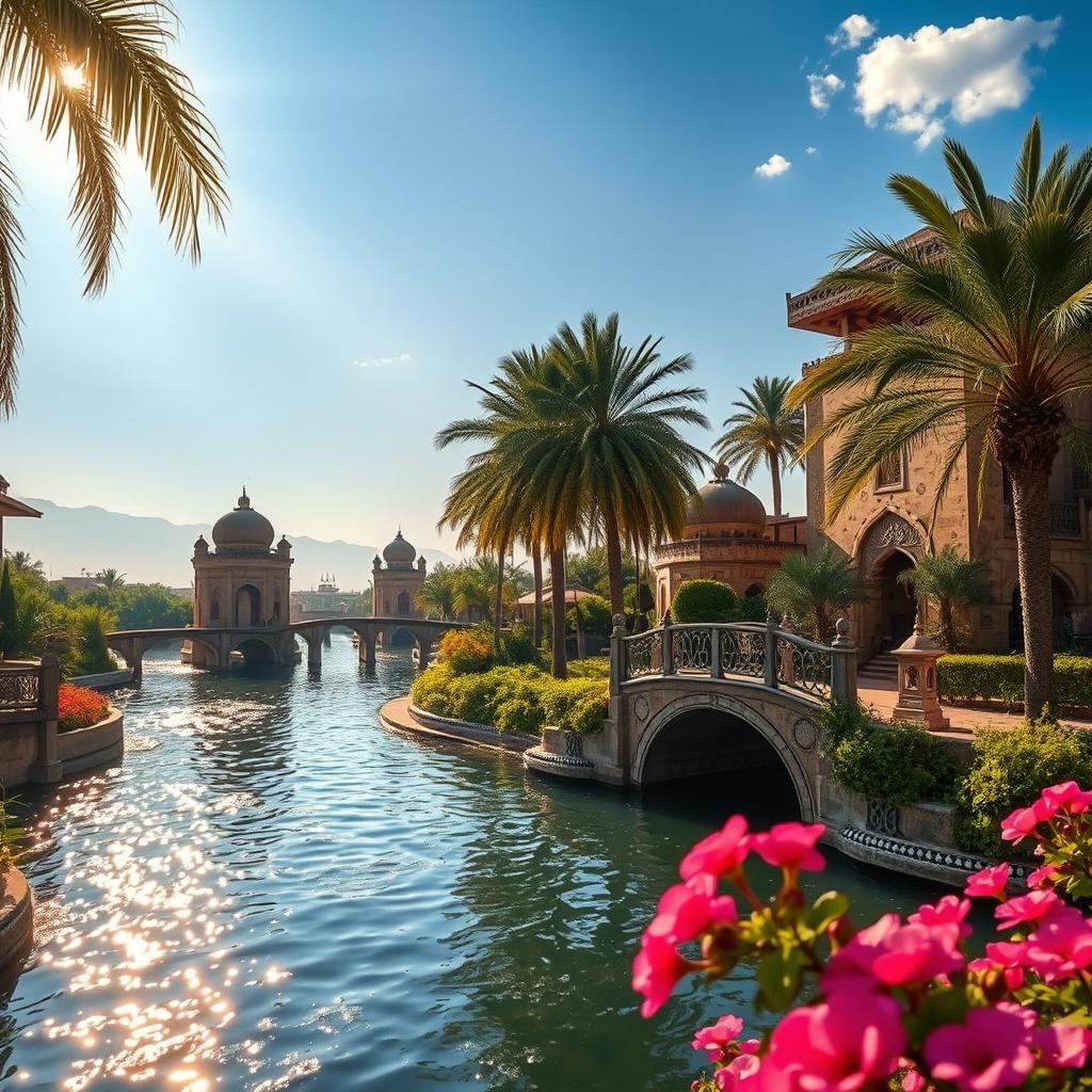 A stunning and ethereal depiction of water structures in Khuzestan, Iran, featuring a network of intricate canals and lush greenery surrounding them