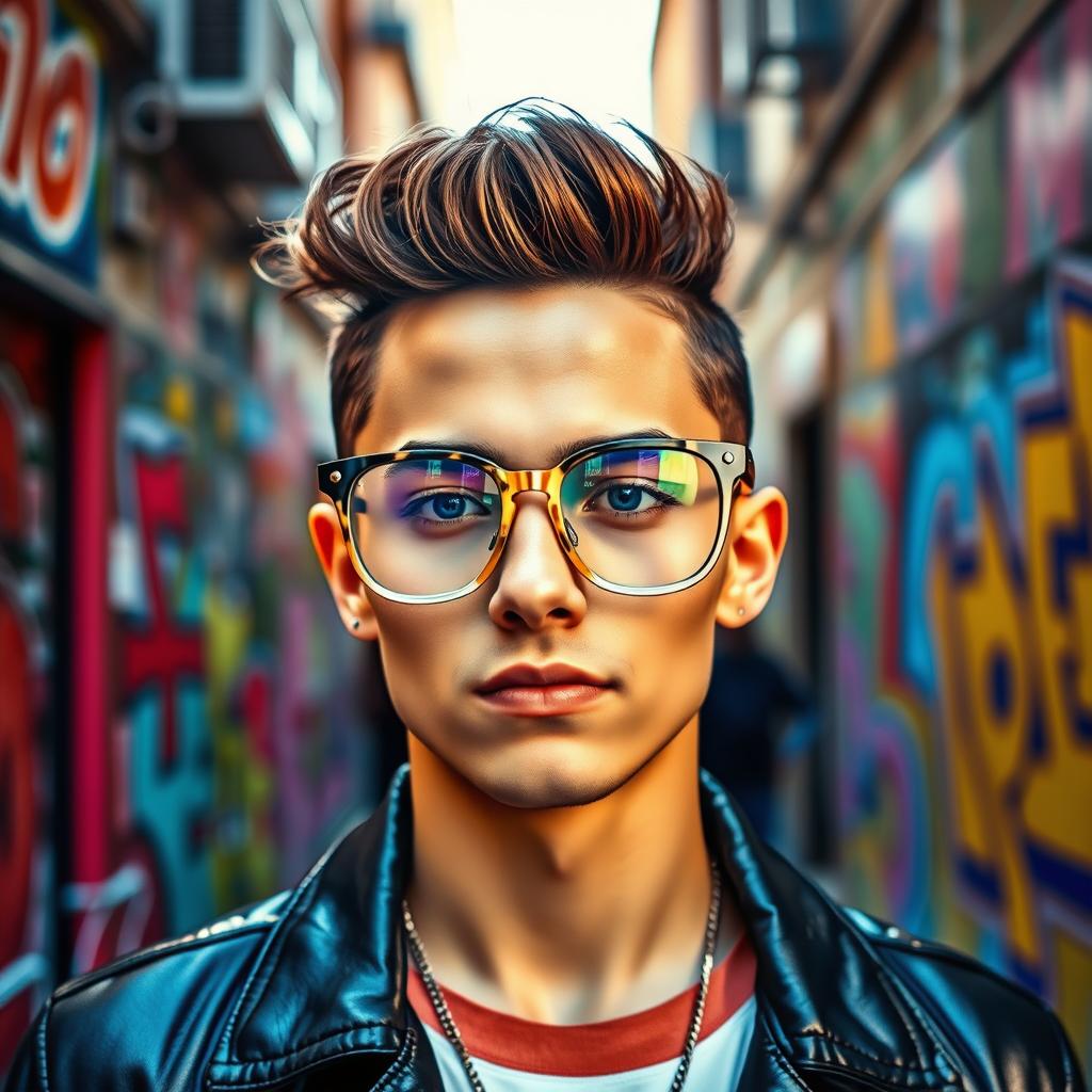 A stylish person wearing fashionable eyeglasses, with a confident expression, set against a vibrant urban background filled with colorful street art