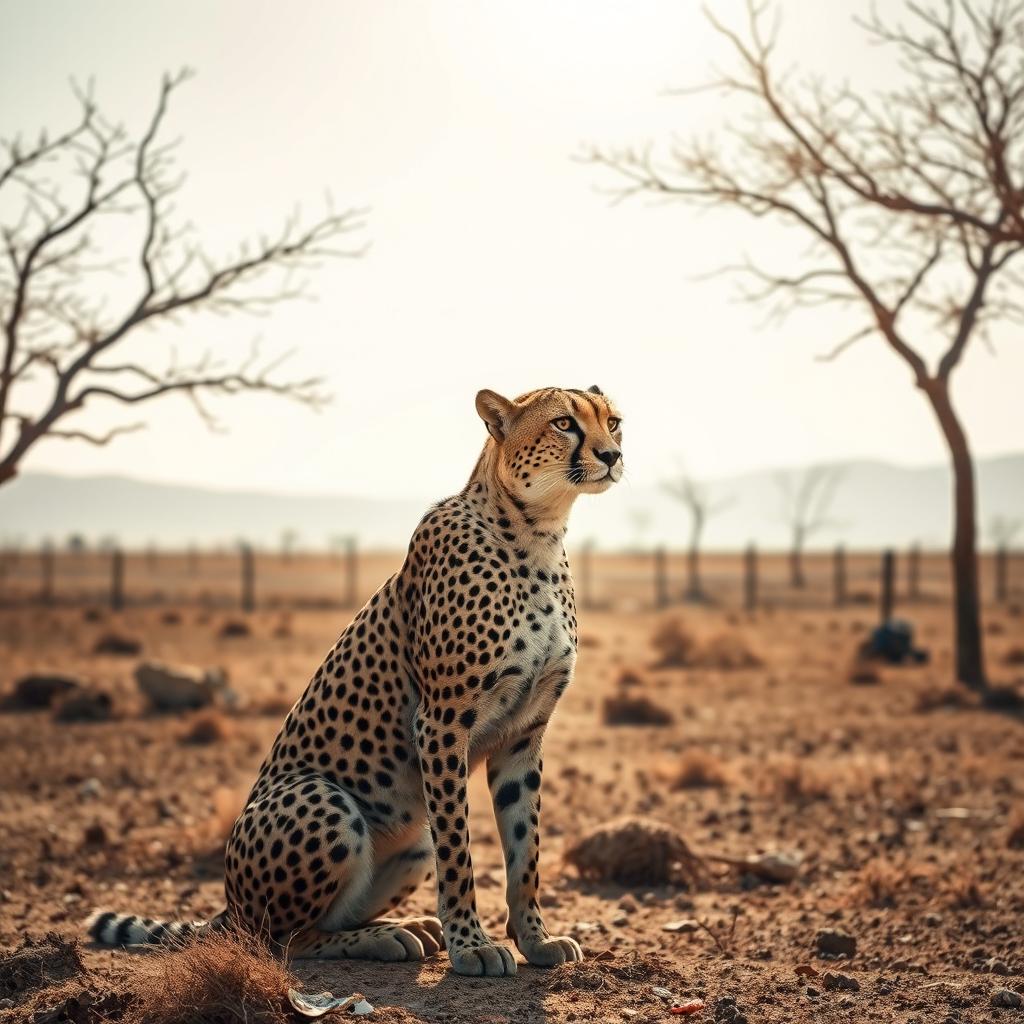 A powerful image of an Iranian cheetah in its natural habitat, with its striking fur pattern and soulful eyes, depicted in a setting that highlights the urgency of its extinction status