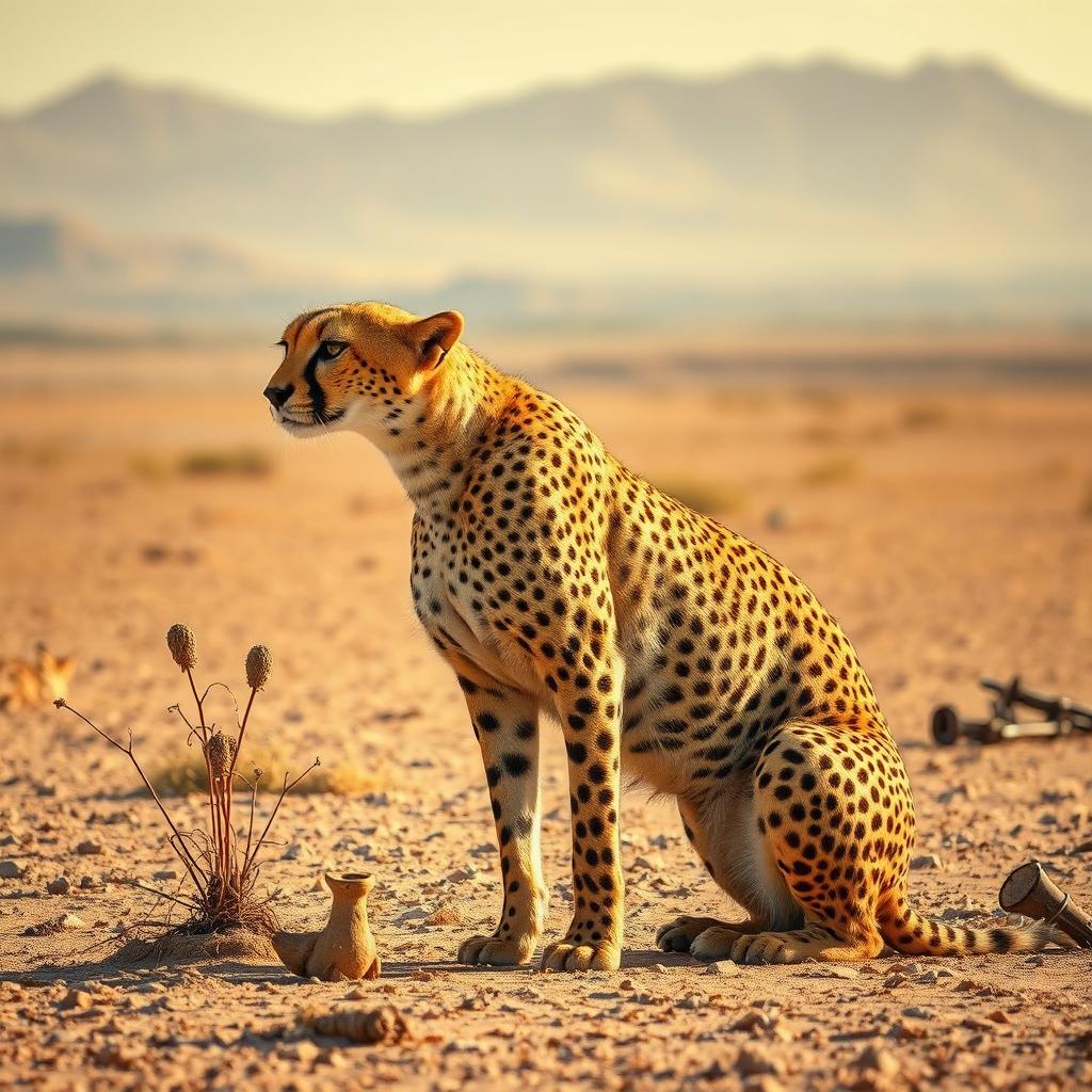 A majestic Iranian cheetah in a vast, arid landscape, with its striking golden fur and distinctive black spots clearly visible