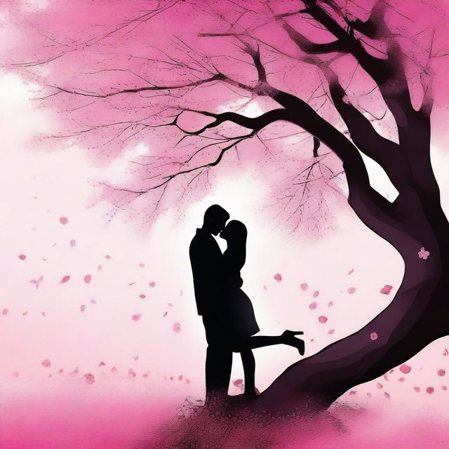 A digital art image of a lovely couple sharing a sweet kiss under a cherry blossom tree