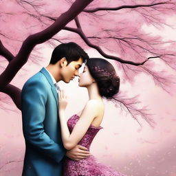 A digital art image of a lovely couple sharing a sweet kiss under a cherry blossom tree