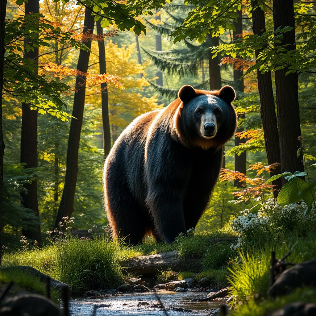 A magnificent Persian bear standing gracefully in a lush, vibrant forest, surrounded by tall trees and rich greenery