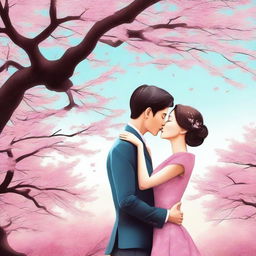 A digital art image of a lovely couple sharing a sweet kiss under a cherry blossom tree