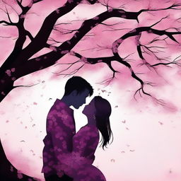 A digital art image of a lovely couple sharing a sweet kiss under a cherry blossom tree