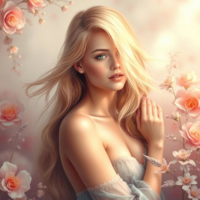 A beautiful and artistic rendering of a blonde woman, showcasing her elegance and natural beauty