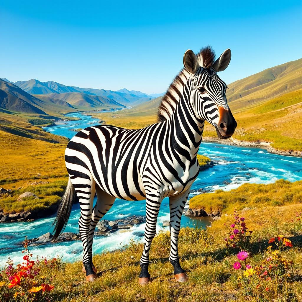 A stunning Iranian zebra standing gracefully in a picturesque natural setting, showcasing its distinctive black and white stripes against a backdrop of rolling hills and lush greenery
