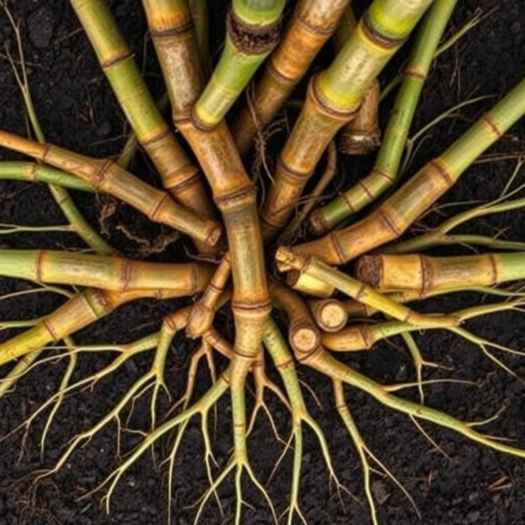A detailed top view perspective of bamboo rhizomes, showcasing the intricate and interwoven roots spreading beneath the surface