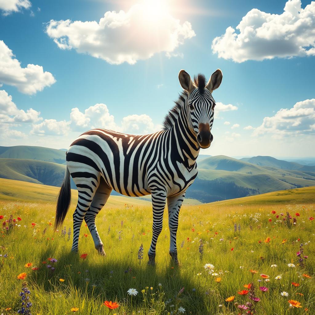 A dreamy and enchanting scene featuring an Iranian zebra gracefully standing in a vibrant meadow, surrounded by a stunning landscape