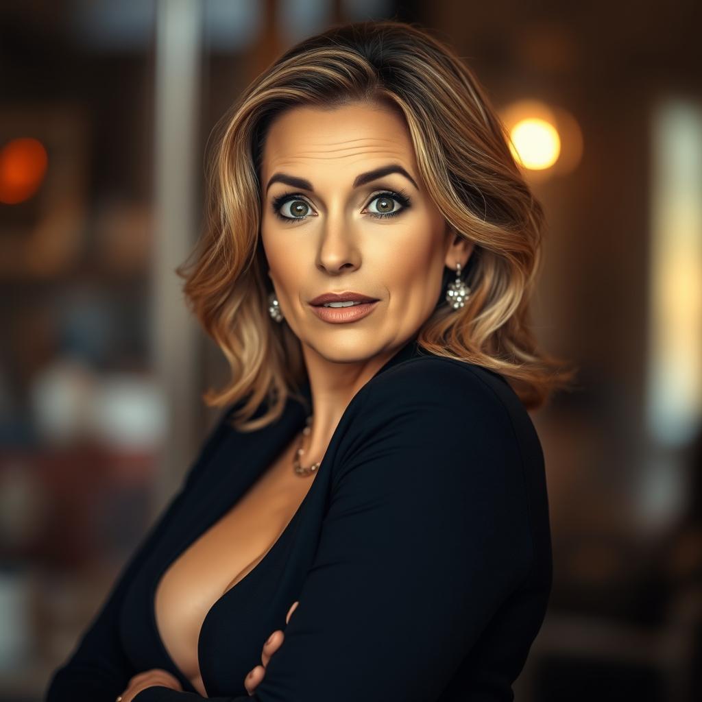 A beautiful 50-year-old woman with an astonished expression, facing directly towards the camera