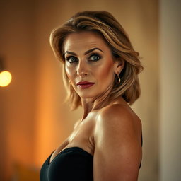 A beautiful 50-year-old woman with an astonished expression, facing directly towards the camera