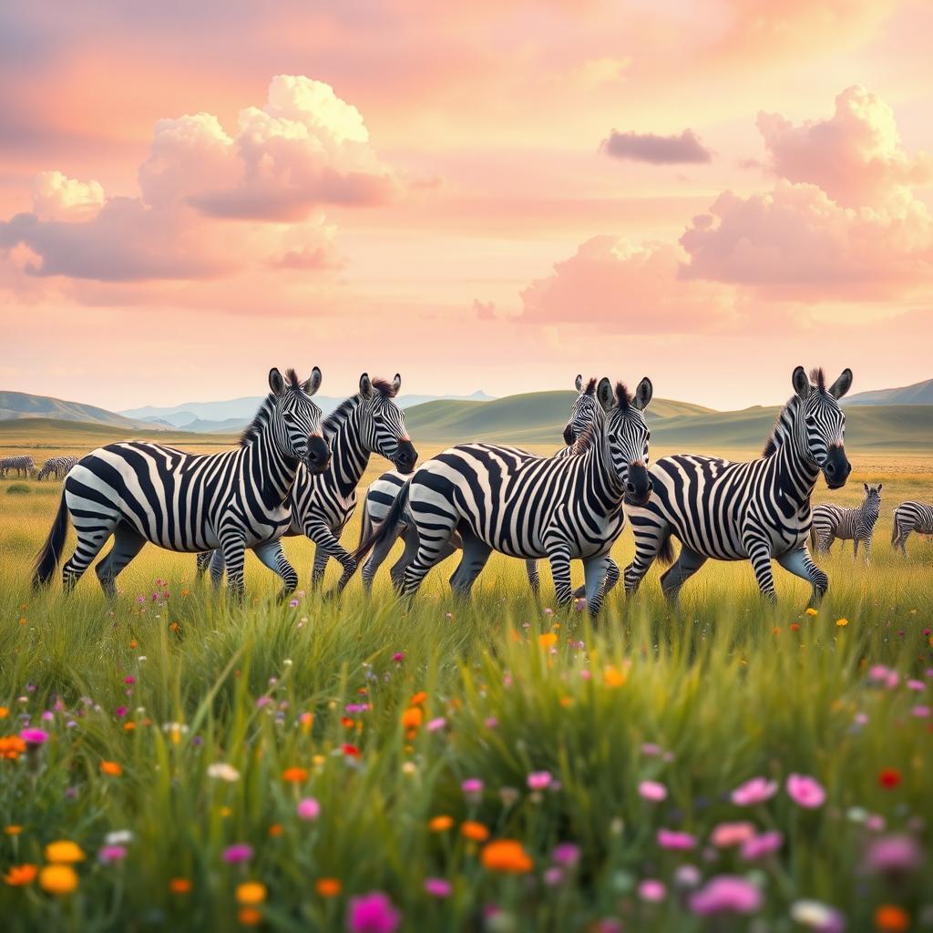 A dreamy and enchanting scene featuring a group of Iranian zebras playfully roaming together in a vibrant meadow