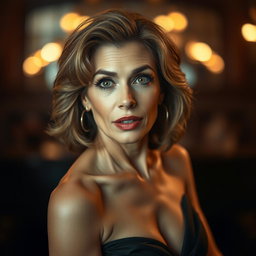 A stunning 50-year-old woman with an astonished expression, facing directly at the camera